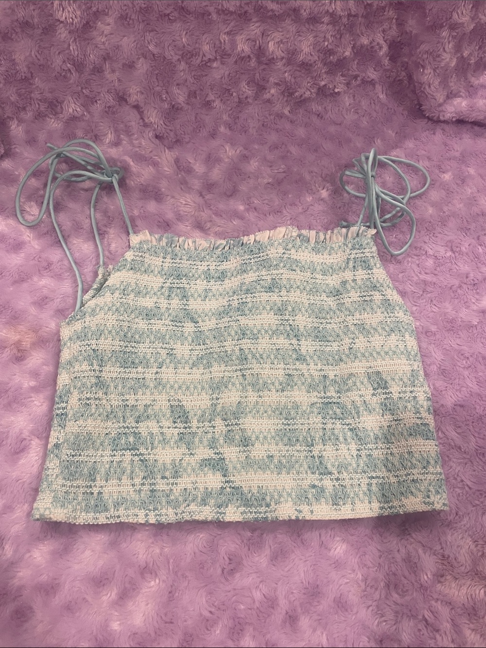 Alice + Olivia Light Blue and White Smocked Tie-Shoulder Crop Top